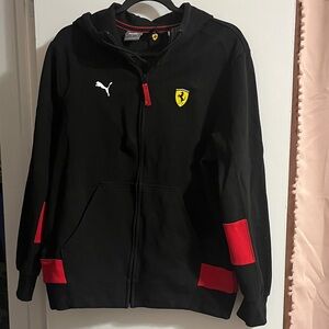 Ferrari Scuderia Puma Black Zip Front Hooded Jacket with Red Accents